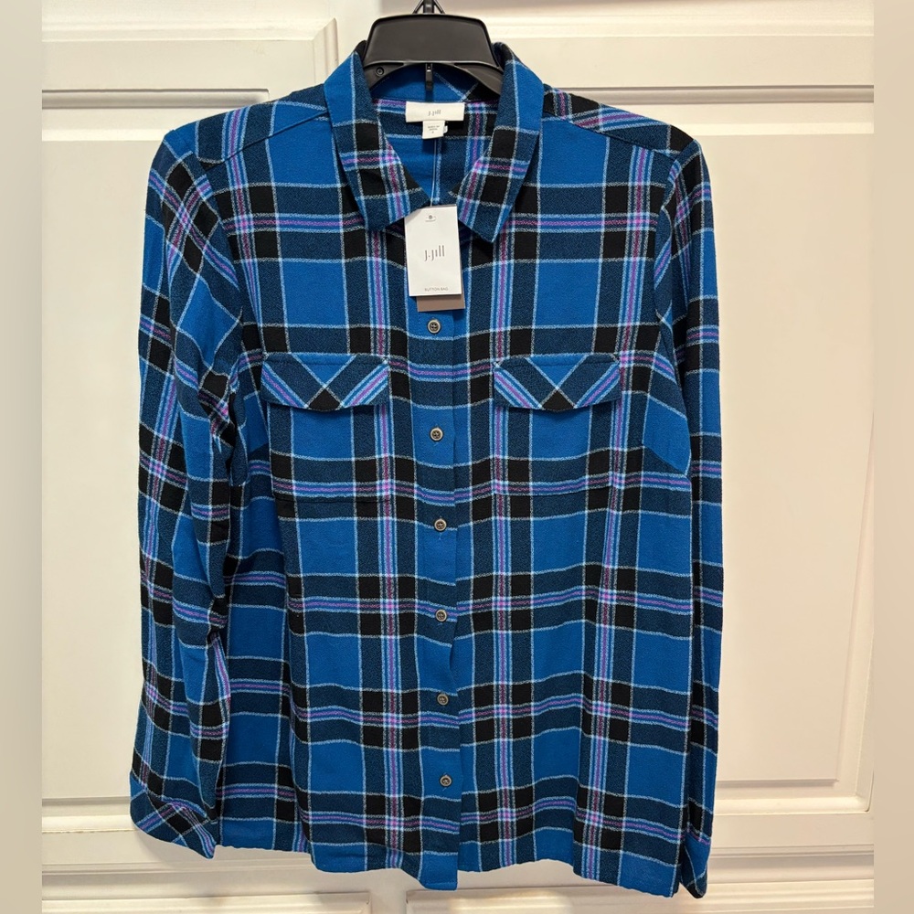 J. Jill Plaid Blue Jewel Multi Long Sleeve Camp Shirt NWT Size Small